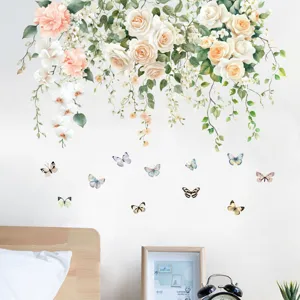 Elegant hanging rose vines and butterfly wall stickers for romantic bedroom wall decoration.