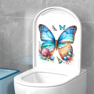 Self-adhesive butterfly toilet lid sticker featuring a tropical beach and sea shell scene