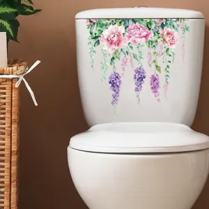 Close-up of elegant pink peony and purple wisteria floral stickers on a toilet tank