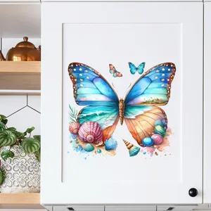 Close-up of waterproof butterfly wall sticker with beach scenery design on a cabinet