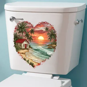 Heart-shaped waterproof sticker with sunset beach scene shown on a toilet tank.