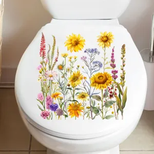 Toiletdekselsticker met levendige zonnebloemen en wilde bloemen aquarel kunstwerk