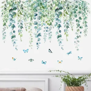 Watercolor style hanging green vine leaves and colorful butterfly wall decals for home decor