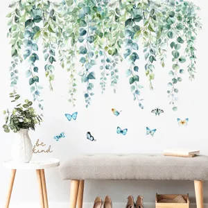 Waterproof hanging green vine and butterfly wall stickers over a modern bench