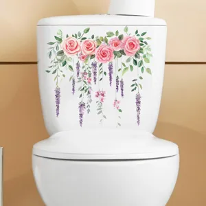 Floral waterproof toilet sticker featuring pink roses and purple lavender on a white tank