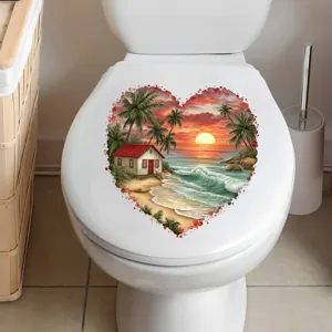 Heart-shaped tropical beach sunset sticker for waterproof toilet lid decoration