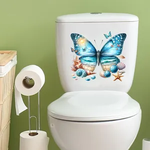 Decorative blue beach butterfly waterproof sticker applied on white toilet tank
