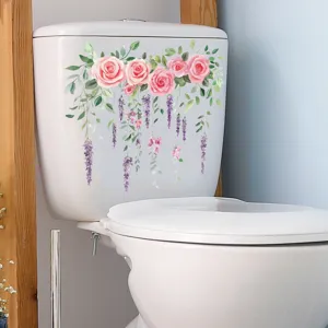 Beautiful watercolor rose and hanging lavender vine decal applied to a white toilet tank.