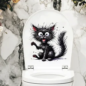 Lustiger schwarzer Katzen-Toilettendeckel-Aufkleber, wasserfestes Badezimmer-Wandtattoo