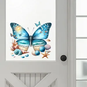 Creative blue butterfly wall sticker with beach ocean scenery applied on glass door