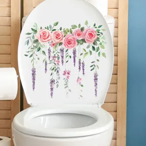 Macro view of floral toilet lid sticker featuring pink roses and purple wisteria.