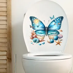 Detailed view of a vibrant beach landscape butterfly decal on a white toilet lid