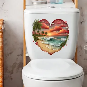 Close-up of waterproof heart-shaped beach sunset sticker applied to a toilet lid