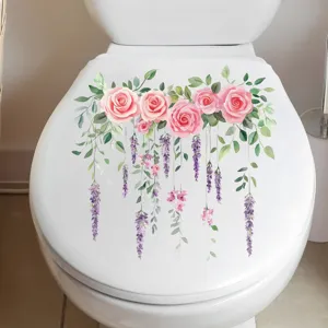Waterproof floral toilet lid sticker with elegant pink roses and purple vines decor