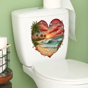 Heart-shaped tropical beach toilet sticker waterproof decal for bathroom decor