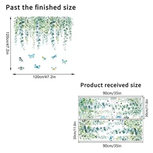 Size diagram for green leaf and butterfly wall stickers showing finished and received dimensions