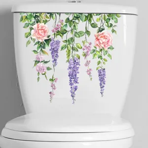 Elegant pink rose and purple wisteria floral toilet stickers for bathroom wall decor