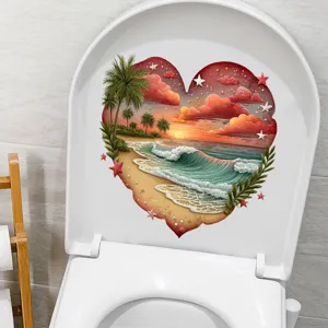Detailed view of a heart-shaped tropical beach waterproof sticker applied to a toilet lid