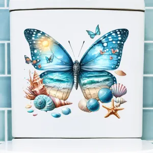 Detailed view of waterproof beach scenery butterfly sticker on a white toilet tank