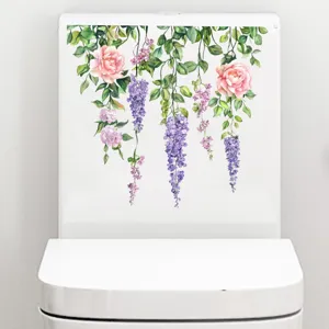 Floral wisteria and rose waterproof self-adhesive sticker applied to a white toilet.