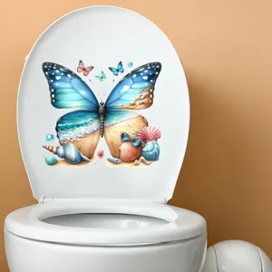 Vibrant butterfly beach landscape self-adhesive toilet sticker for bathroom decor detail view