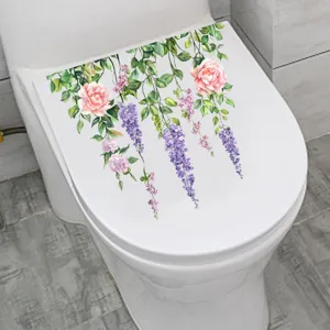Vivid detail of waterproof toilet lid sticker with hanging pink roses and purple vines.