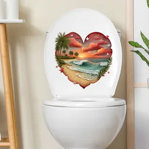 Close-up detail of a waterproof heart-shaped beach sunset sticker on a white toilet lid