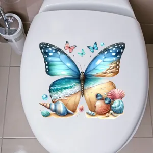 Detailed view of beach landscape butterfly waterproof toilet lid decal for bathroom decor
