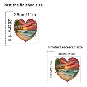 Detailed size comparison for heart beach wall sticker: 30cm received, 28cm finished