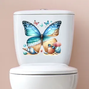 Detail of beach landscape butterfly waterproof sticker applied on a white toilet