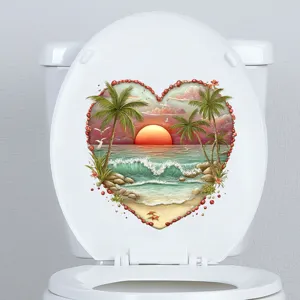Waterproof heart-shaped tropical beach sunset decal sticker on a white ceramic toilet lid