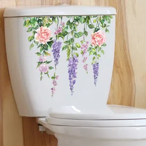 Waterproof floral vine wall stickers applied on a white toilet tank for bathroom decor