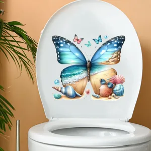 Vibrant beach butterfly decal applied to a white toilet lid for bathroom decor