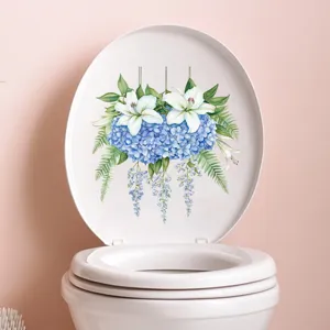 Floral hydrangea and lily toilet sticker applied to a white toilet lid