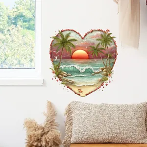 Vibrant heart-shaped beach sunset wall sticker with tropical palm trees for room decor.