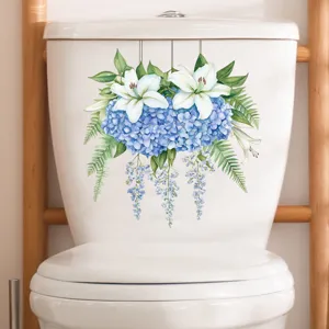 Elegant waterproof floral toilet sticker with blue hydrangeas and white lily flowers