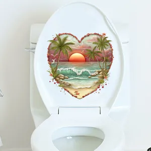 Waterproof heart-shaped beach sticker with sunset beach scene for toilet lid decoration