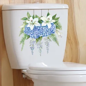 Close-up of waterproof self-adhesive floral decal featuring blue hydrangeas and white lilies