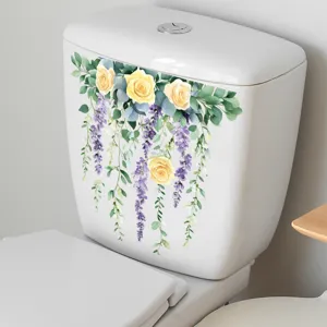 Detail view of a floral toilet sticker with yellow roses and purple wisteria vines.