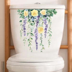 Watercolor yellow rose and purple wisteria toilet sticker detail shown on white tank