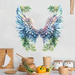 Grande adesivo murale a forma di ala di piuma colorata con foglie in una cucina