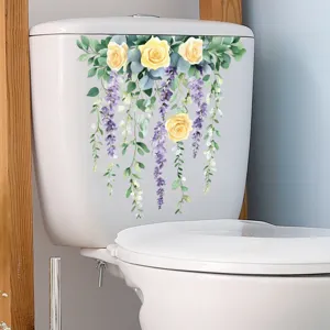 Detailed view of a waterproof floral toilet sticker featuring yellow roses and wisteria