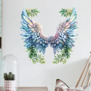 Elegante adesivo murale ali di piume colorate con tralci fioriti su parete bianca
