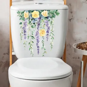 Waterproof toilet sticker featuring yellow roses and purple hanging wisteria flowers