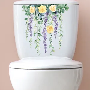 Beautiful waterproof floral toilet sticker featuring yellow roses and purple hanging vines