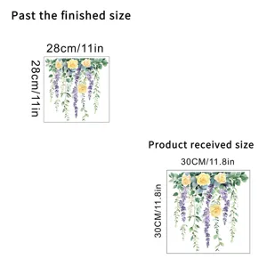 Floral wall sticker size guide comparing sheet dimensions and final applied layout