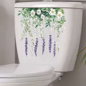 Waterproof floral toilet sticker featuring green leaves and purple wisteria decals