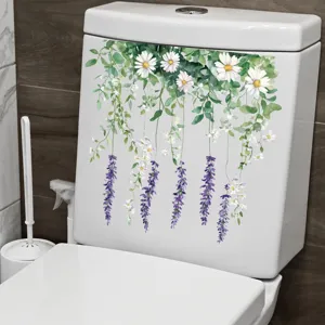 Waterproof floral vine toilet lid sticker with lavender and daisy watercolor design