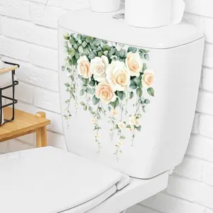 Watercolor rose vine waterproof sticker applied to a white toilet tank for decor.