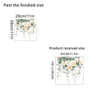 Size comparison for rose floral wall decal showing received and finished dimensions